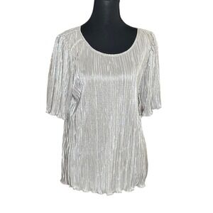 Ann Taylor Silver Metallic Pleated Puff Sleeve Blouse Top Large Office Glam
